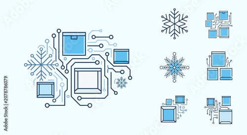 Collection of blue circuit board and snowflake graphics.