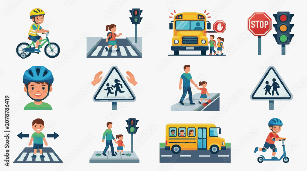 Fototapeta premium Children Crossing Streets with Traffic Signs.