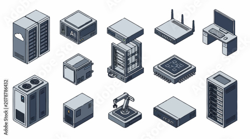 Quadro su tela Isometric collection of modern server and computer hardware devices