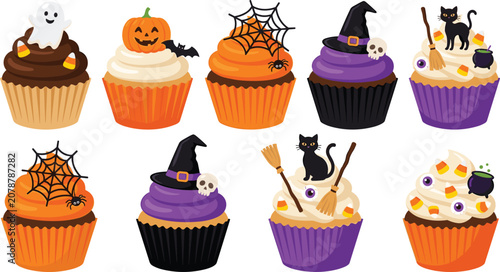 Cute Halloween Cupcake Vector Set with Kawaii Cartoon Ghost, Pumpkin, Black Cat, Witch Hat, and Spiderweb Dessert Symbols for Spooky Party Designs