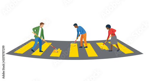 Diverse citizens painting bright yellow crosswalk stripes on asphalt road for urban safety flat vector illustration