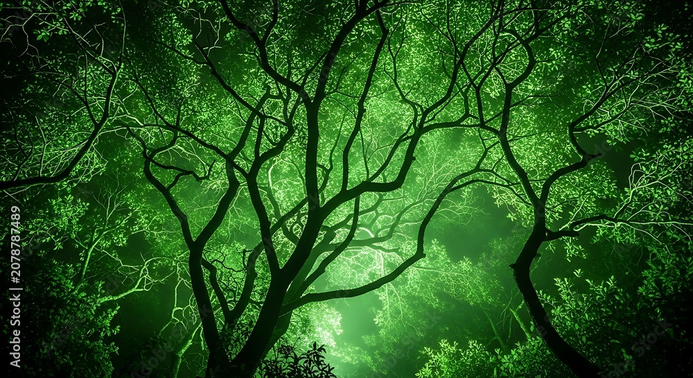 Fototapeta premium Lush Green Forest Canopy with Dense Tree Branches and Foliage.