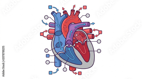 Photos Anatomical illustration of the human heart with labels.