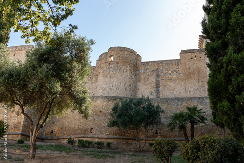 Santiago Castle fortress walls and tower rising over green trees in Sanlúcar de Barrameda