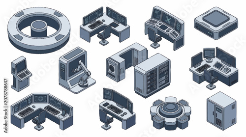 Photos Isometric collection of futuristic electronic devices and components