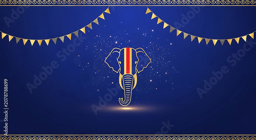 Elephant head illustration with ornamental details against a deep blue scenic background animal
