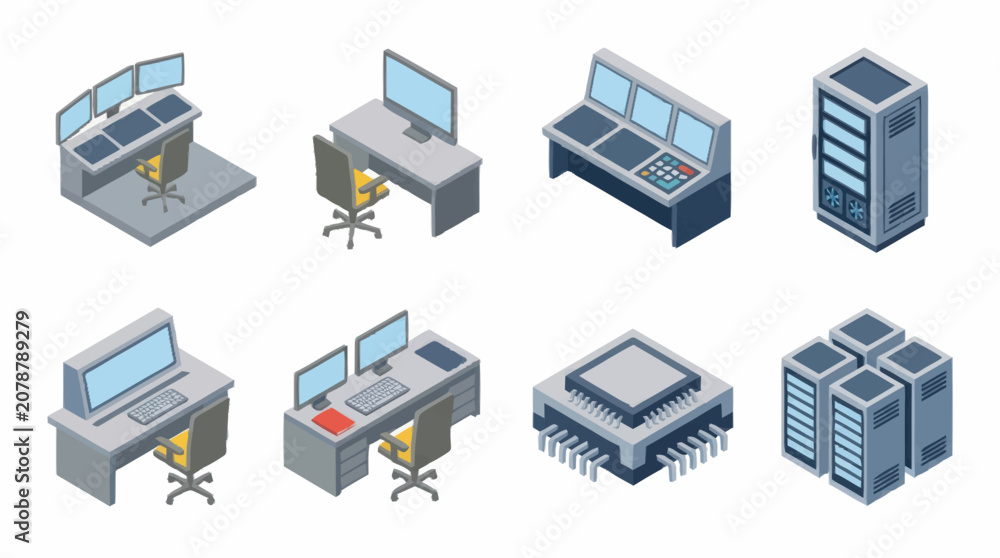 Fototapeta premium Isometric office technology and computer hardware icons set.