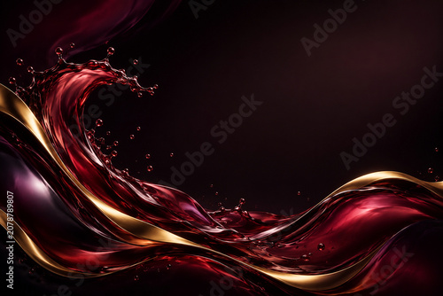 Crimson Waves of Liquid Gold: An abstract composition of swirling, rich crimson liquid forming wave-like patterns, accented by streaks of luxurious gold, creating a dramatic and opulent visual.