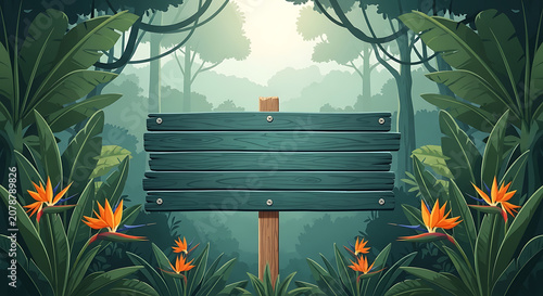 Wooden signpost amidst lush jungle foliage a scenic illustration with vibrant colors sign
