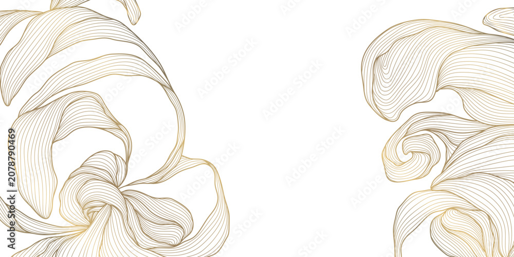 Fototapeta premium Elegant gold line pattern with abstract waves, delicate floral leaves on white. Luxury vector background illustration, Japanese ornament, art deco style, wedding card, wine label, premium packaging