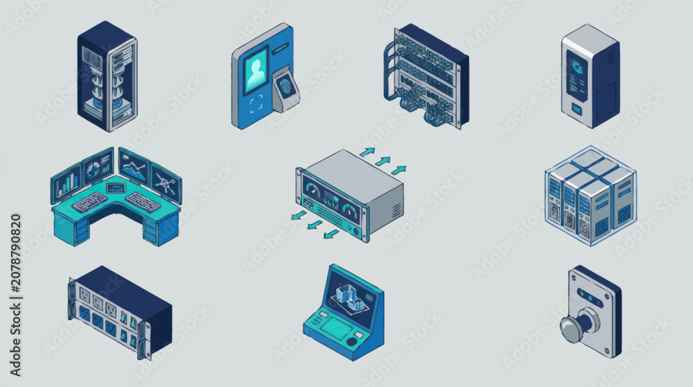 Fototapeta premium Isometric Technology Devices and Server Racks Collection.