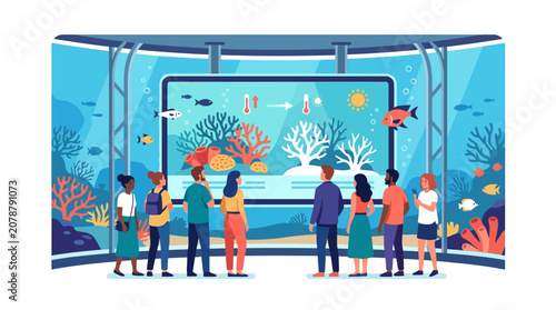 Diverse group of tourists watching educational digital presentation about coral reef bleaching flat vector illustration
