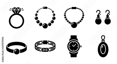 Fotografía Elegant Jewelry Icons Set: Ring, Necklaces, Earrings, Bracelets, Watch, Pendant