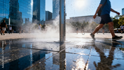Public water misting cooling station in modern city square during summer heatwave.