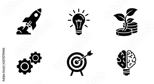 Bild auf Leinwand Business Idea Icons Set: Rocket Launch, Lightbulb Innovation, Growth Coins, Gear