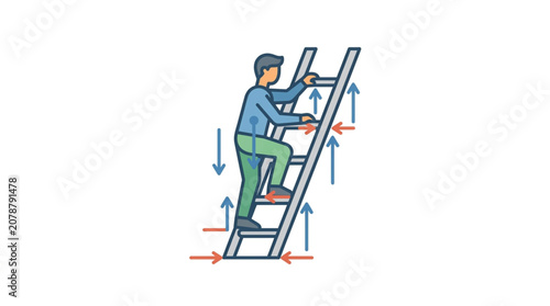 Obraz na plátně Man climbing a ladder with arrows indicating movement and direction
