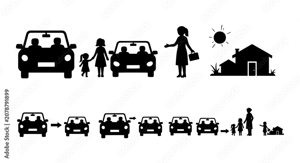 Fototapeta premium Family Car Travel Icons, Silhouette People and Vehicles, Journey Stages, Simple Black and White Vector Set