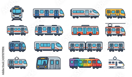 Fotografie Modern Cartoon Metro Train Icons Vector Set on White Background