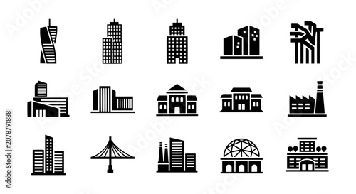 Canvastavla Modern Cityscape Icons, Urban Buildings Collection, Architectural Vector Graphic