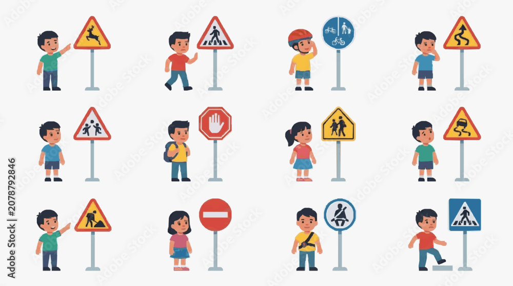 Fototapeta premium Children Interacting With Traffic Signs Illustration.