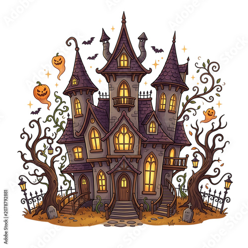 Spooky haunted house pixel art illustration with glowing windows for halloween celebration