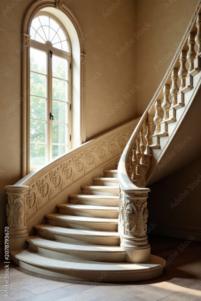 Obraz premium Staircase with ornate stone balustrade and curved railings, stone details, curved staircase, san sebastian architecture