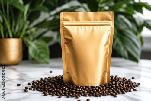 Blank Golden Metallic Stand-up Pouch Mockup on White Marble Surface with Roasted Coffee Beans and Green Tropical Leaves Background, Food Branding and Packaging Presentation, Modern Aesthetic.