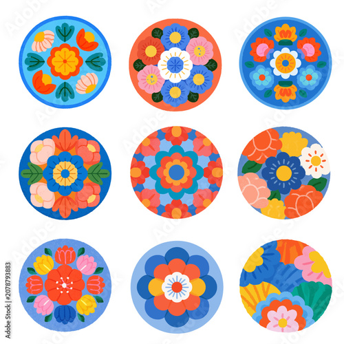 Set of cute modern traditional Korean Minhwa and Dancheong floral circular emblem vector illustrations