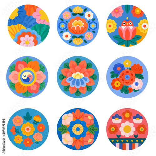 Set of cute modern traditional Korean Minhwa and Dancheong floral circular emblem vector illustrations