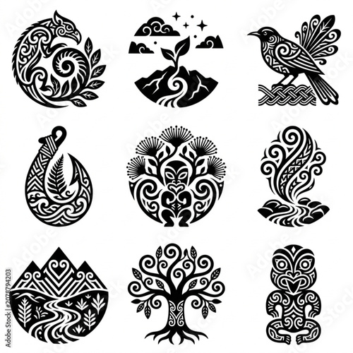 Collection of Maori inspired cultural symbols and icons.
