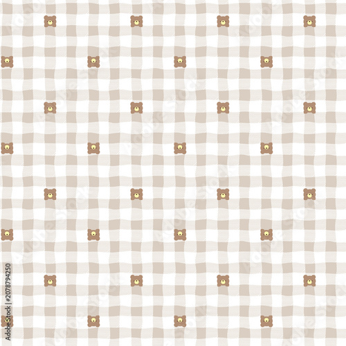 Small teddy bear motifs scattered on a soft beige and white gingham pattern in a subtle watercolor style