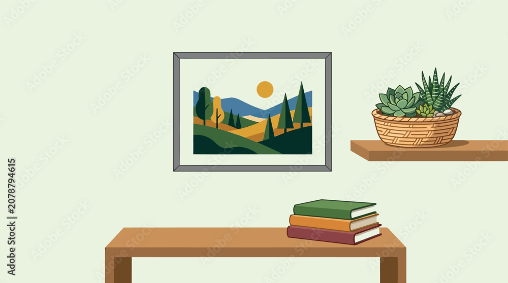 Fototapeta premium Minimalist home interior illustration with landscape wall art and potted succulents.