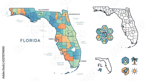 Florida administrative map with counties cities and travel icons