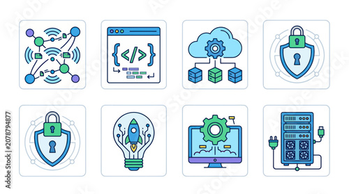 Modern technology and data processing linear icon set