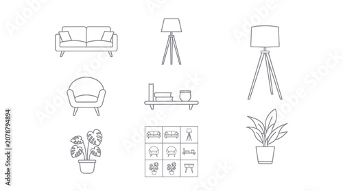 Modern home furniture and interior decor line icon set