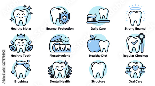 Dental care icons featuring healthy teeth and oral hygiene symbols