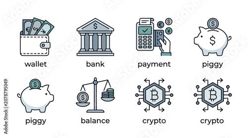 Financial service icons for banking payments and cryptocurrency