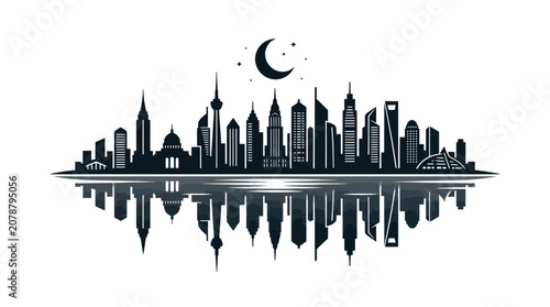 Night city skyline silhouette with reflection and crescent moon