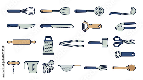 Collection of various culinary tools and kitchen equipment icons