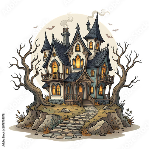 Spooky haunted house with glowing windows and dead trees in a vintage pixel art style