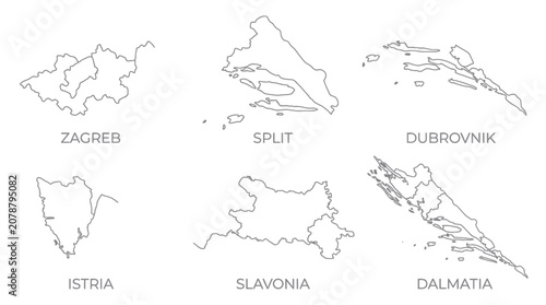 Set of croatian city and regional borders in minimalist line style