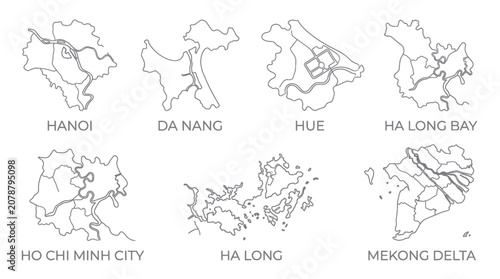 Minimalist map outlines for vietnam cities and provinces