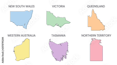 Colorful australian states and territories map icons with labels