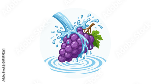 Fresh purple grapes bunch with a clean water splash