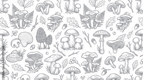 Seamless forest pattern with hand drawn mushrooms and autumn foliage
