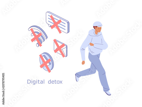 Escaping from social media. Isometric vector illustration for digital detox banner, unplug campaign, or freedom from tech poster