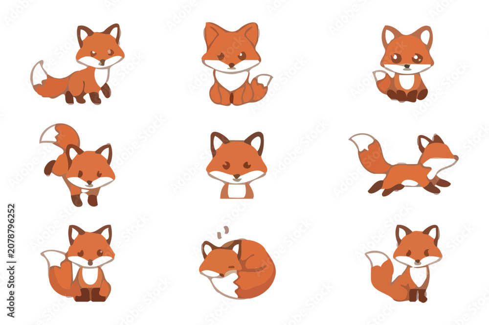 Fototapeta premium Foxes illustrated in a cute cartoon style display a collection of playful and resting behaviors.