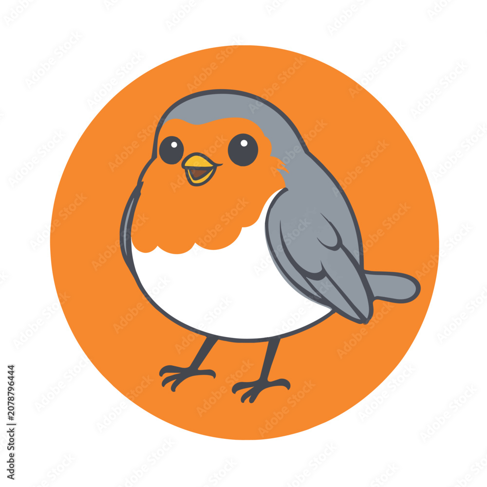Obraz premium Cute cartoon robin bird illustration on orange circle background