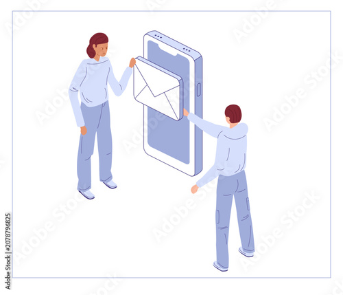 Woman receives email from man. Isometric vector illustration with mobile phone for communication app, dating service 