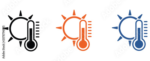 Konstfotografi Sun and thermometer symbols icon set for hot temperature measurement and weather condition indicators vector illustration for climate and forecasting design